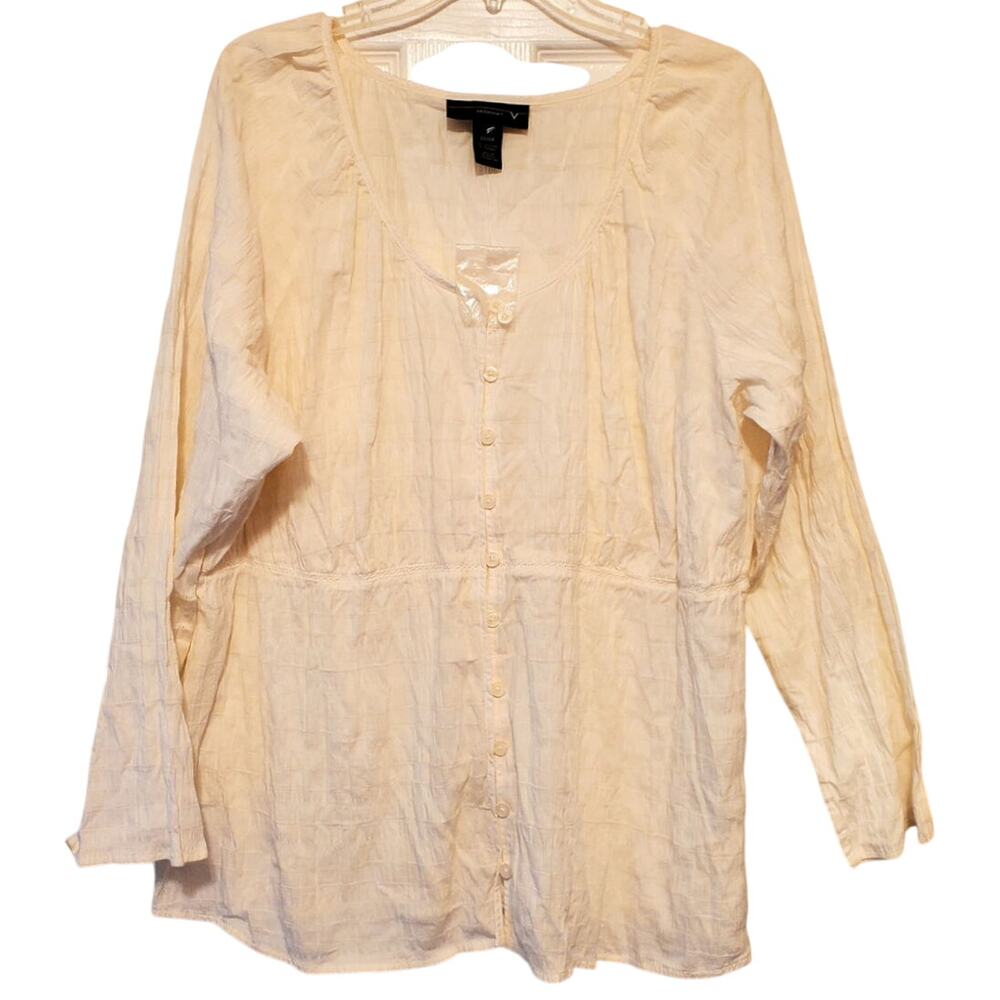 Sz 22/24 VENEZIA Cream Cotton Patterned Gauze Tie-Waist Button V-neck LS Blouse
